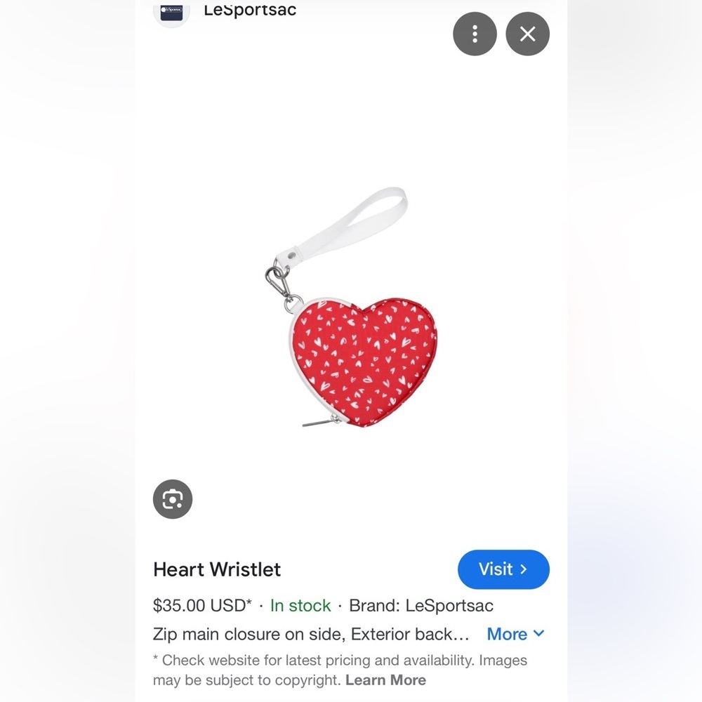 NWT LeSportsac Red Heart Wristlet Pouch with White Strap - Picture 7 of 7